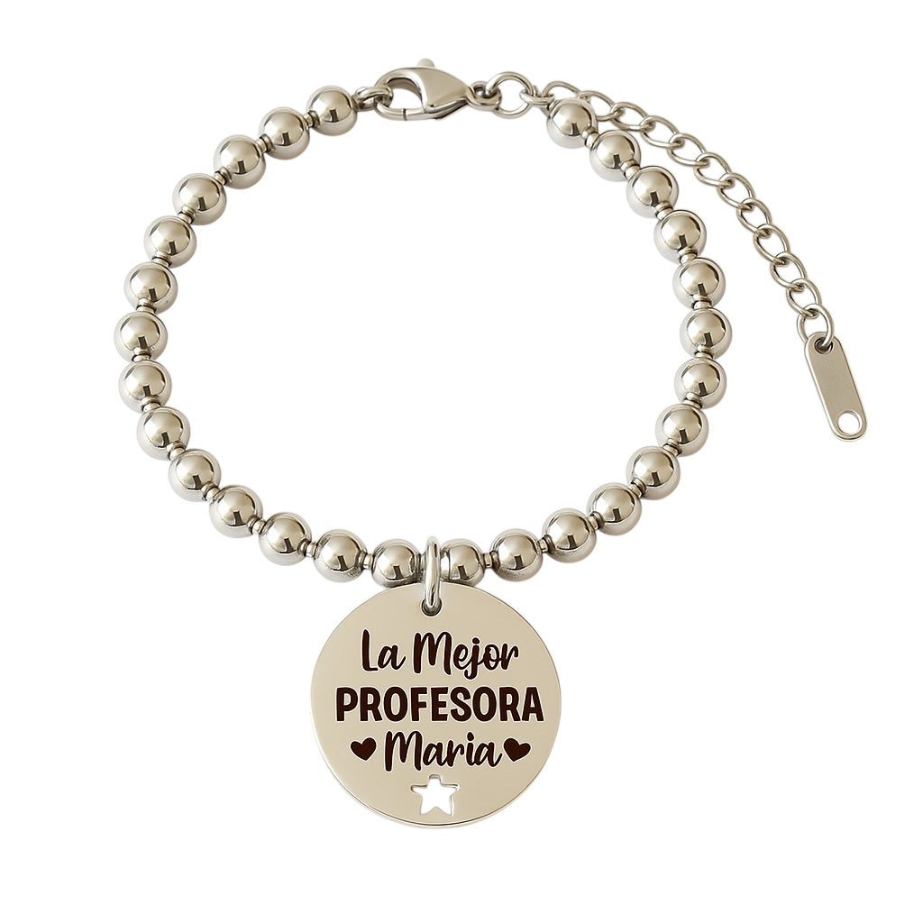 Pulsera personalizada “La mejor profesora” con nombre grabado y tarjeta para dedicatoria – Regalo fin de curso